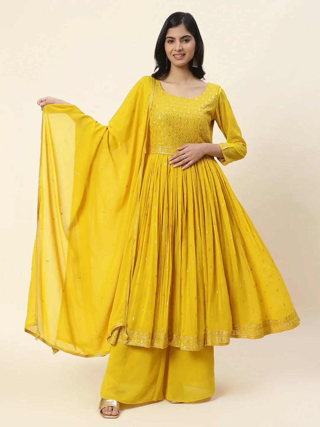 Resham Sequin Embroidered Georgette Kurta With Palazzo &amp; Dupatta