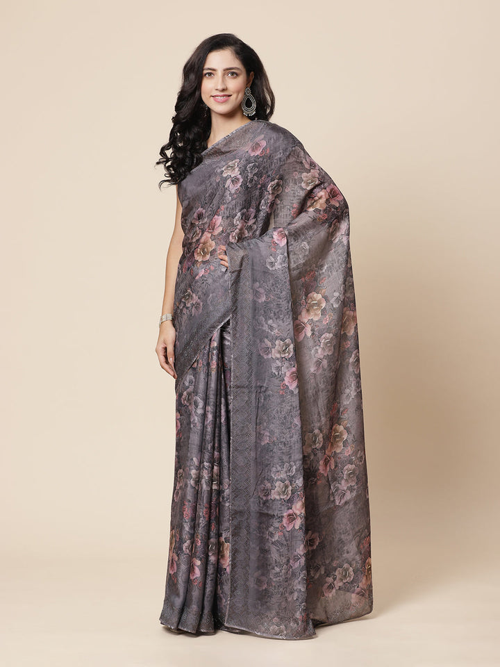 Digital Floral Printed Stone Work Satin Saree