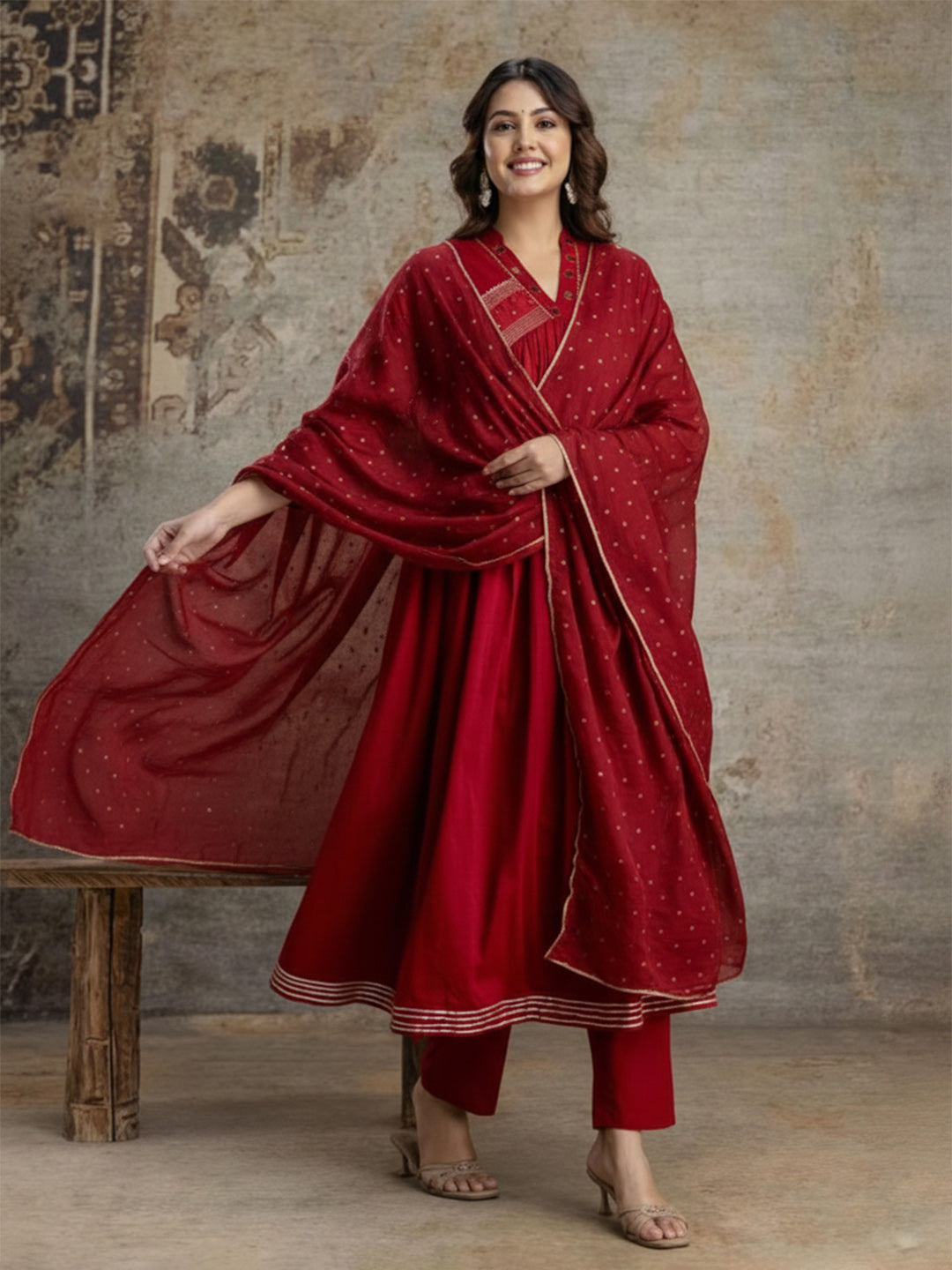 Maroon Cotton Blend Embroidered Straight Suit Set