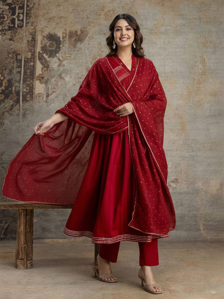 Maroon Cotton Blend Embroidered Straight Suit Set
