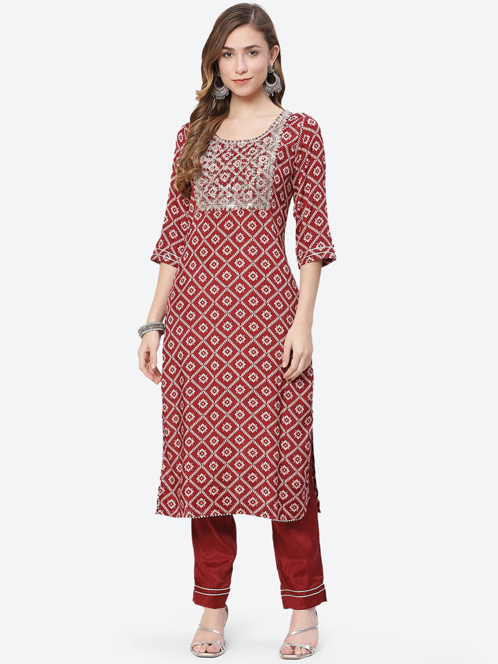 Printed Zari Work Cotton Kurta With Pant