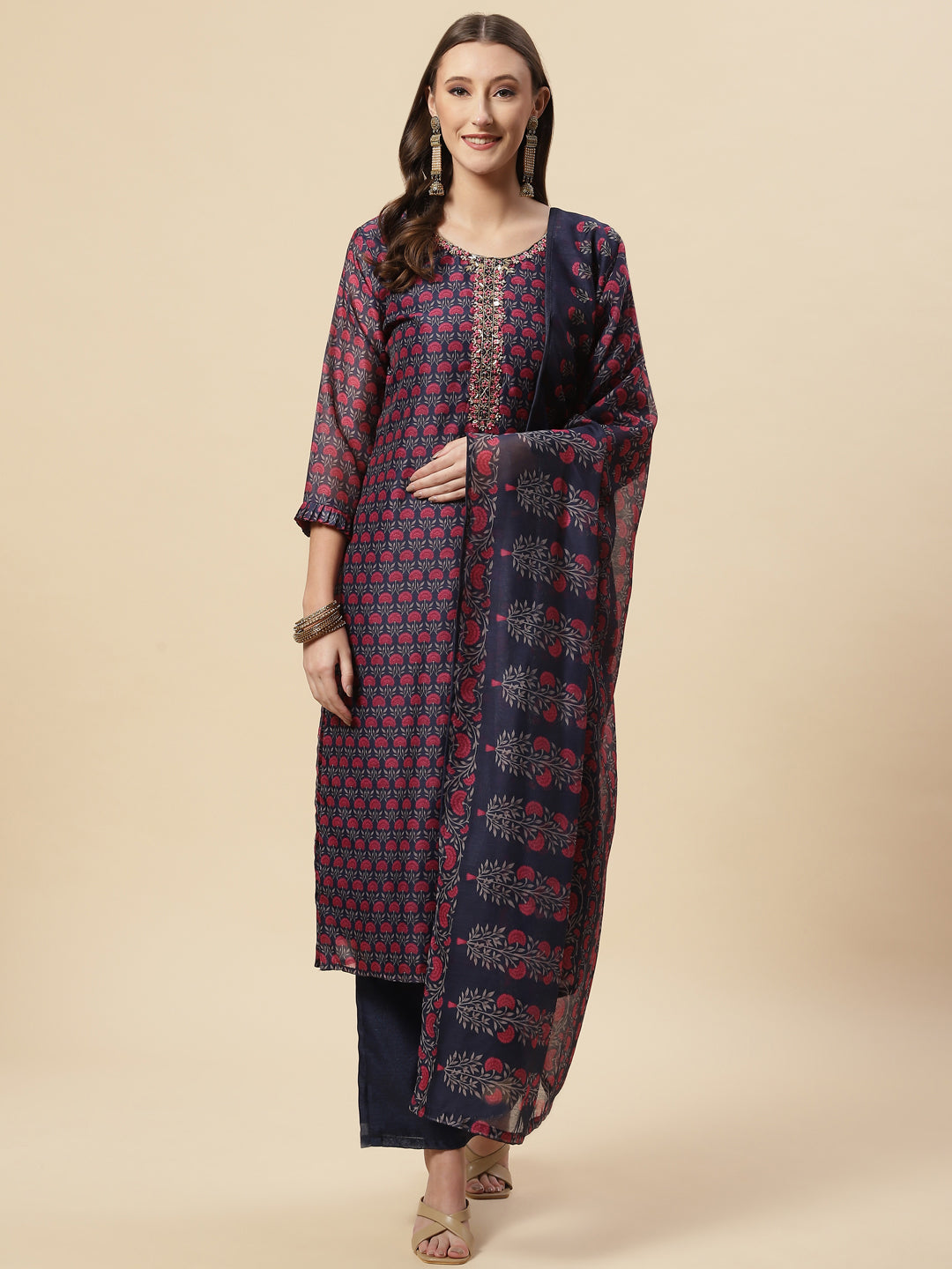 Floral Printed Chanderi Kurta With Pants &amp; Dupatta