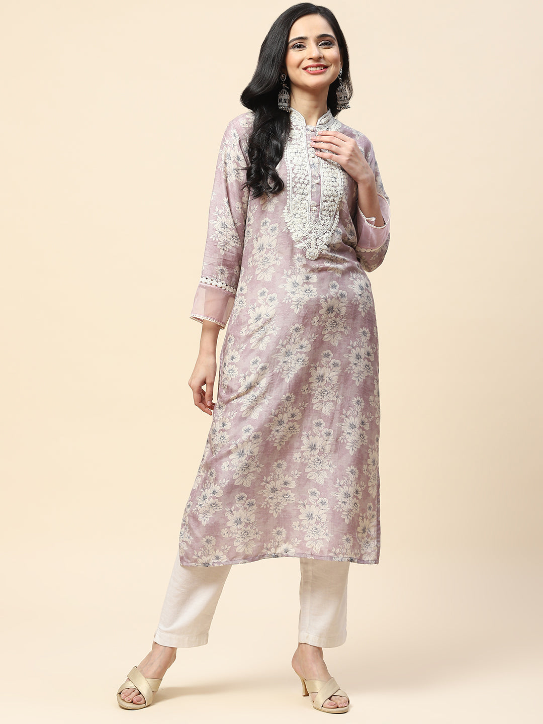 Printed With Resham Neck Embroidered Cotton Kurta