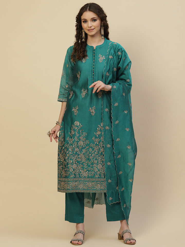 Zari Booti Cotton Kurta With Pants &amp; Dupatta