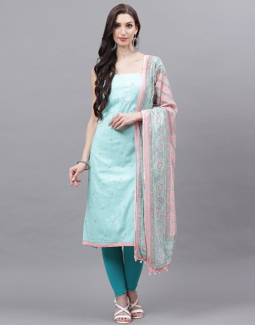 Cotton Embroidered Suit piece with printed dupatta
