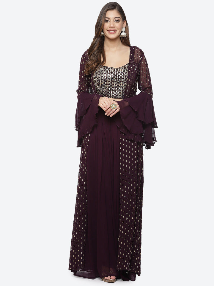 Mirror Work Georgette Crop Top With Palazzo &amp; Jacket