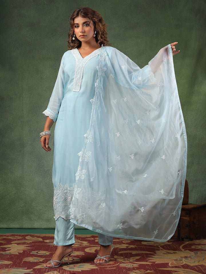 Blue Cotton Blend Embroidered Straight Suit Set