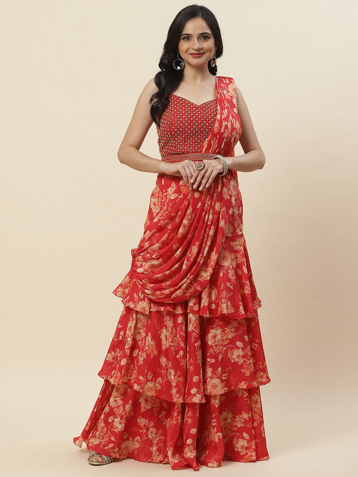 Floral Printed Crepe Choli With Skirt &amp; Dupatta