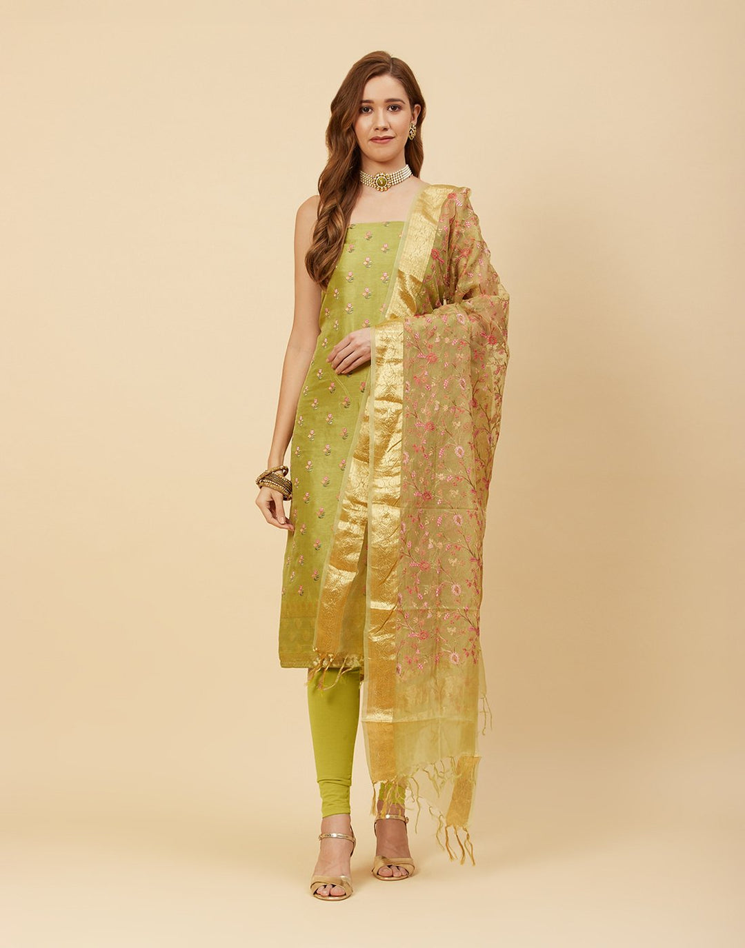 Embroidered Art Handloom Dupion Suit Piece With Organza Dupatta