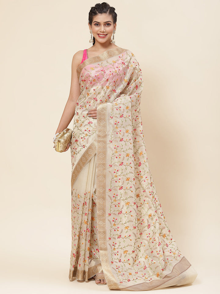 Floral Resham Embroidered Cotton Saree