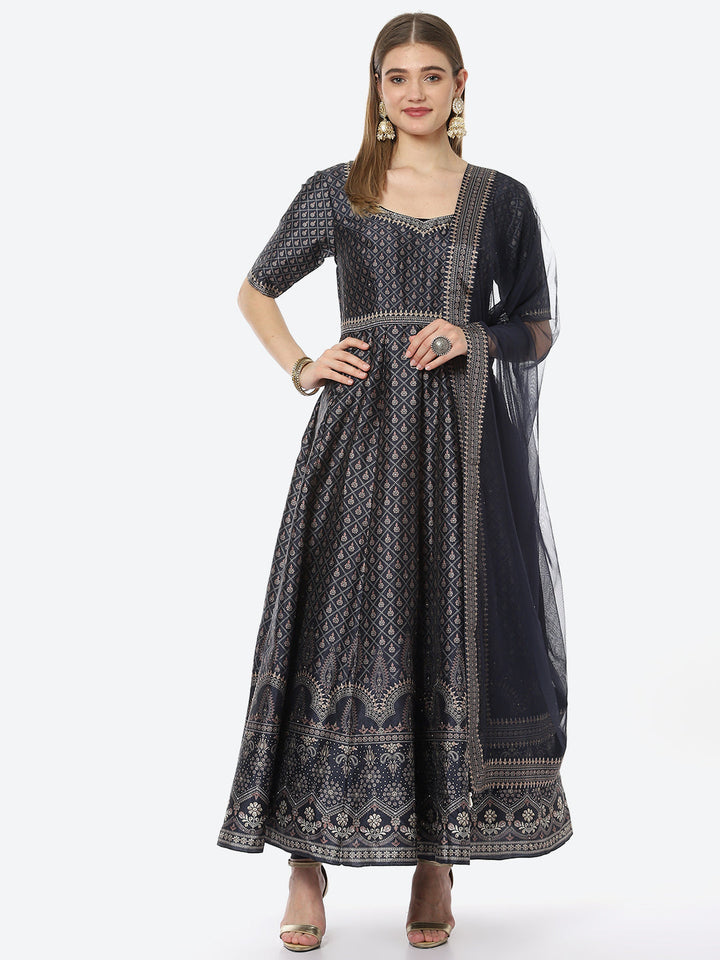 Digital Floral Printed Anarkali Kurta With Churidar &amp; Net Dupatta