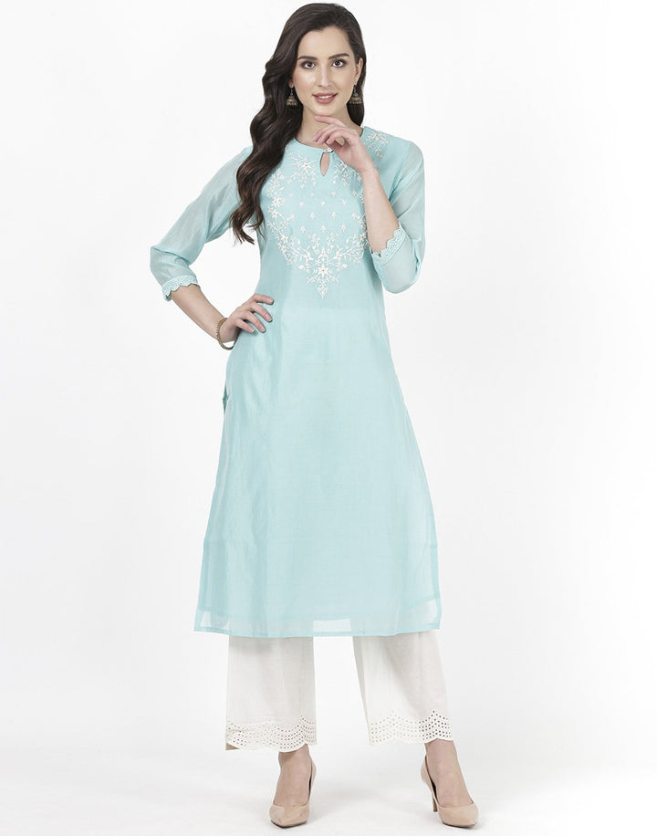 Sea Green Cream Chanderi Kurti with Palazzo