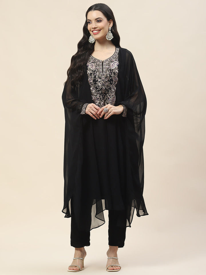 Yoke Embroidery Georgette Kurta With Pants
