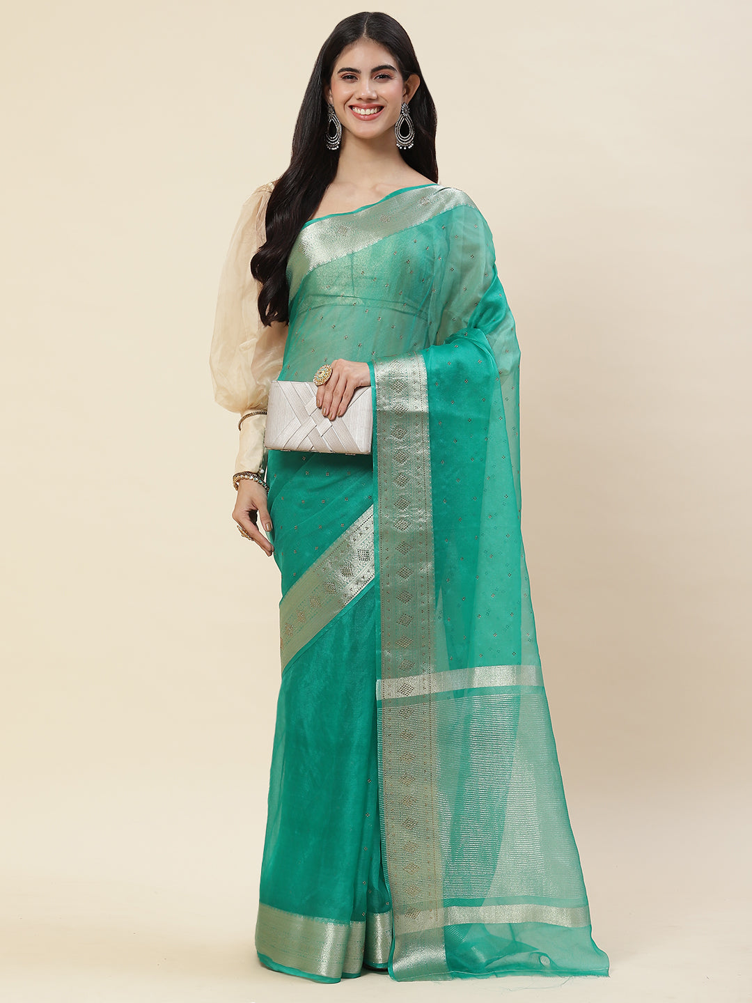 Stone Work Plain Organza Saree