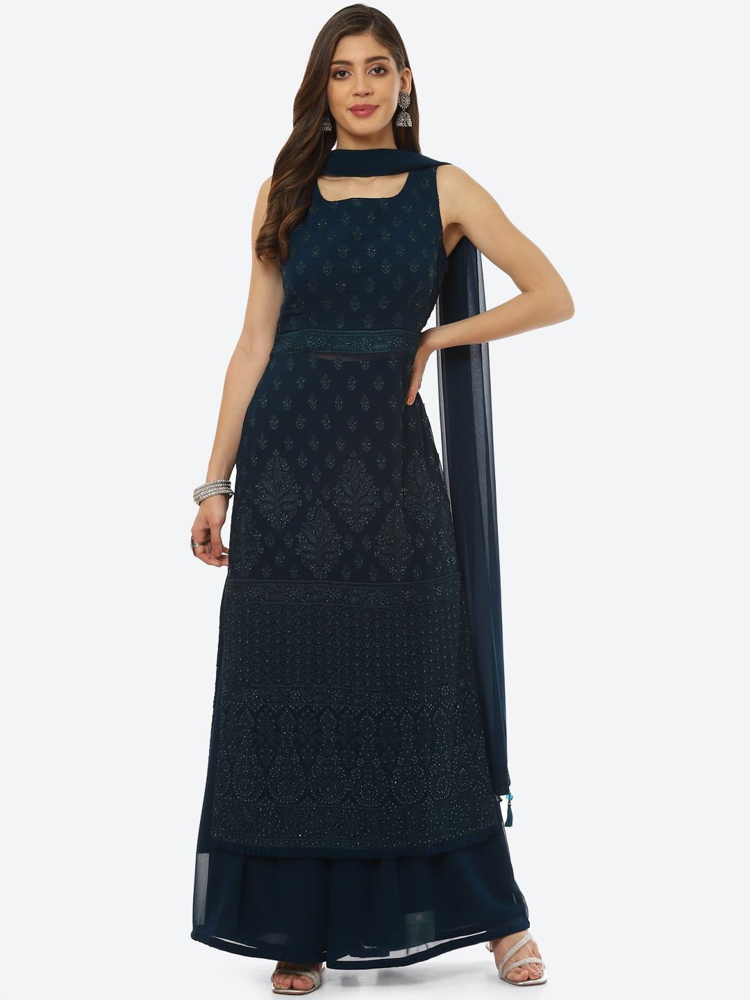 Resham Booti Georgette Kurta With Palazzo &amp; Dupatta