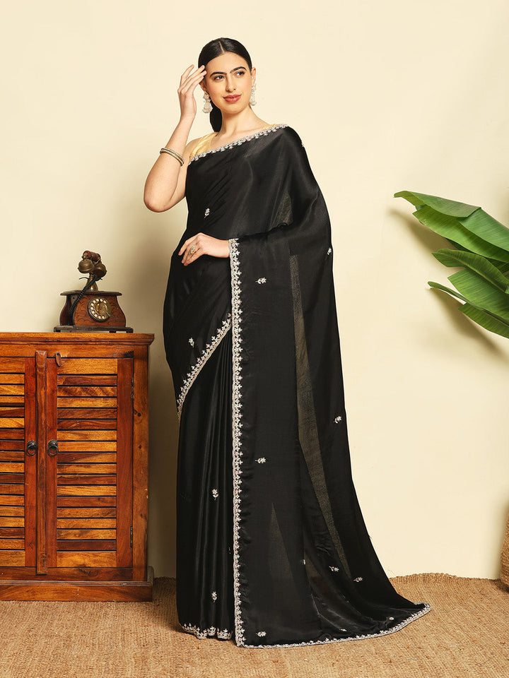 Thread Embroidered Chinnon Saree