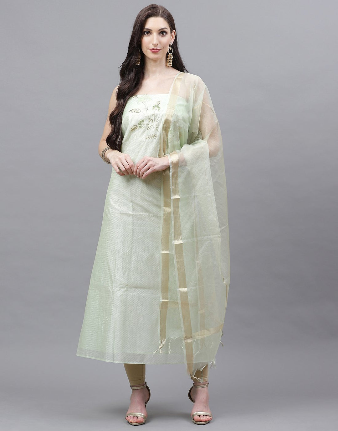 Embroidered Cotton Chanderi Suit Piece With Organza Dupatta