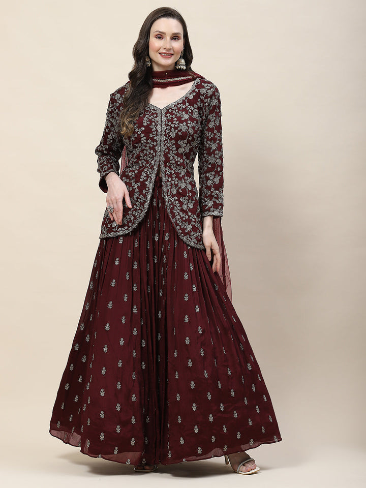 Sequin Zari Embroidered Georgette Choli With Lehenga &amp; Dupatta