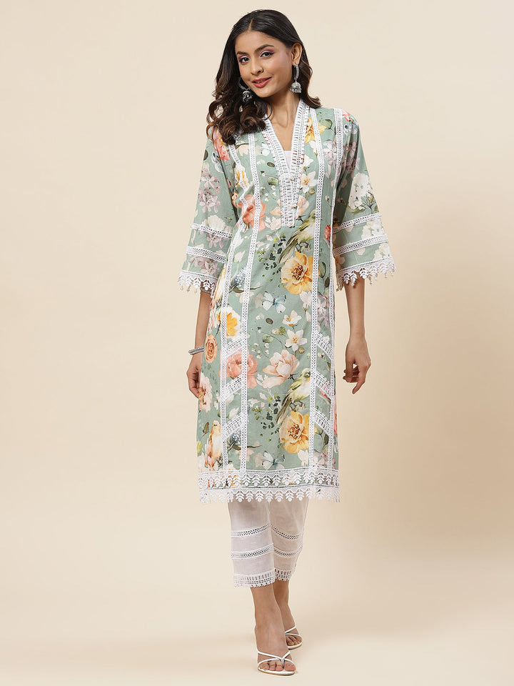 Floral Printed Cotton Kurta With Pants