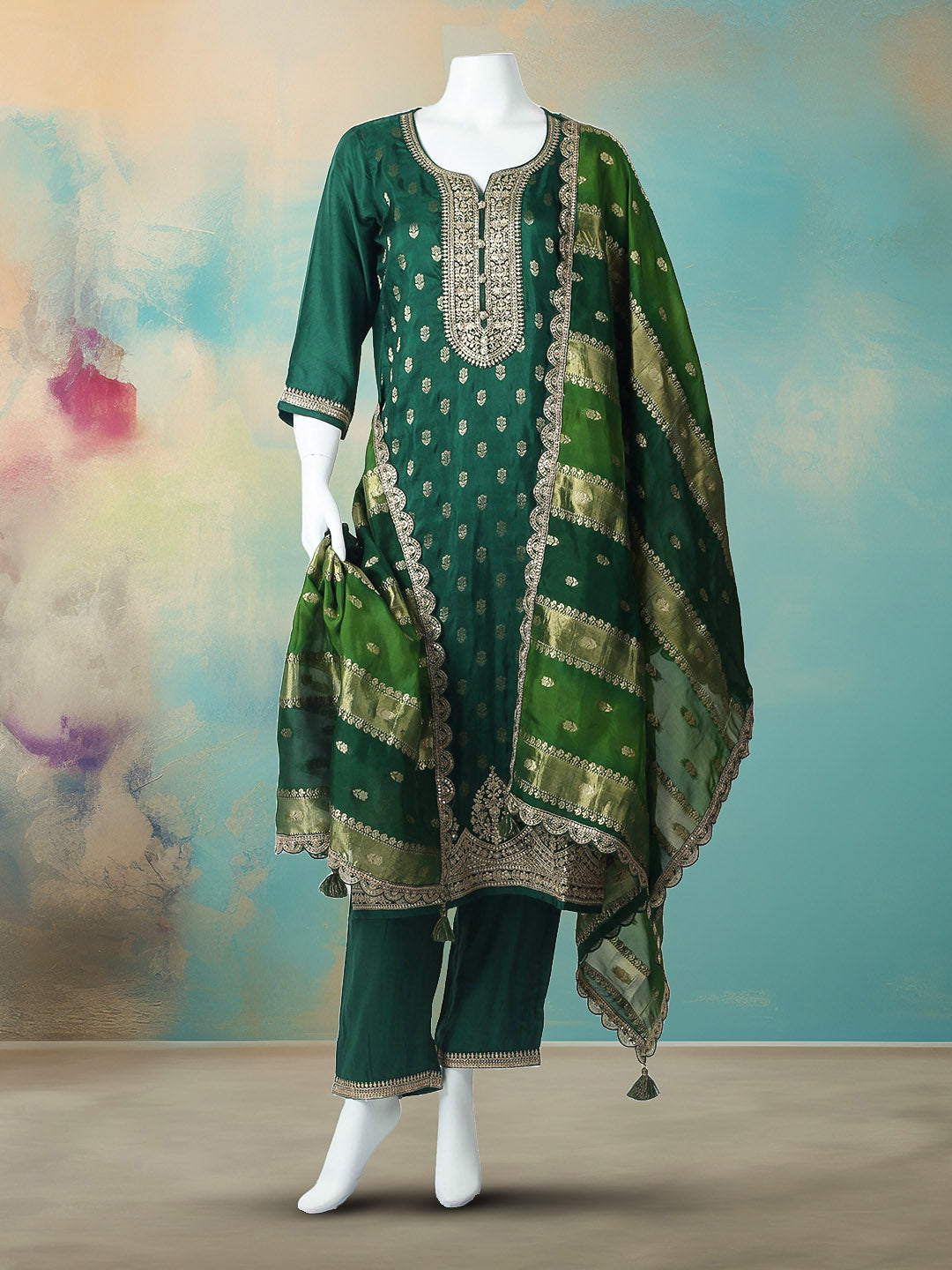 Embroidered Art Silk Kurta With Pant &amp; Dupatta
