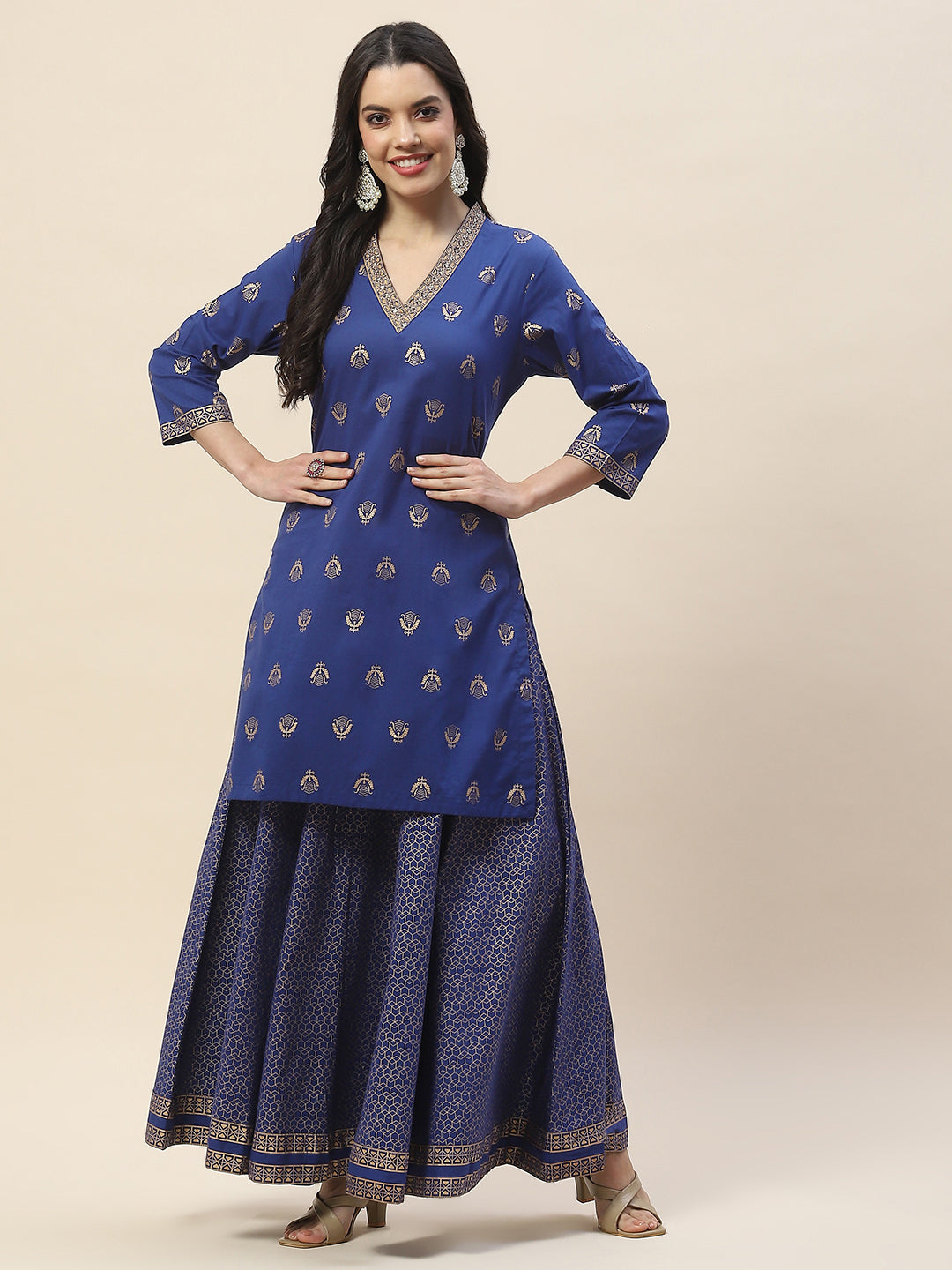 Printed Neck Patti Cotton Kurta With Skirt