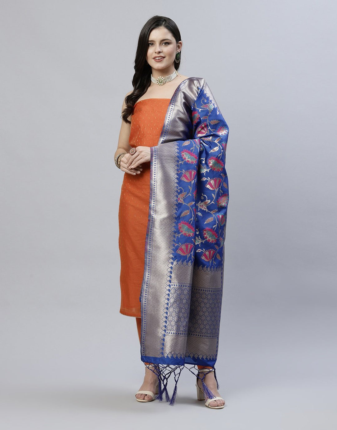 Chanderi Suit Piece With Embroidered Dupatta