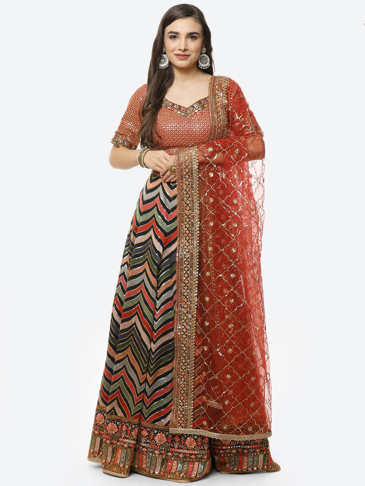 Embroidered Georgette Lehenga With Choli And Dupatta
