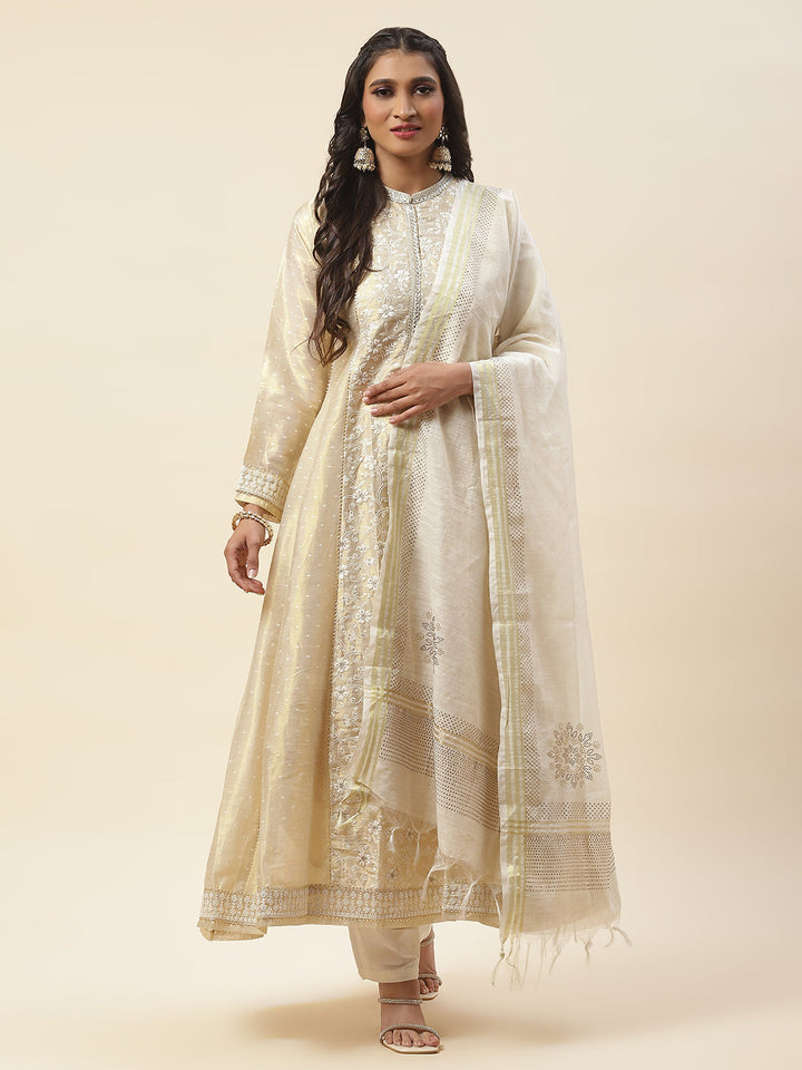 Resham Booti Embroidered Cotton Anarkali Kurta With Churidar &amp; Dupatta