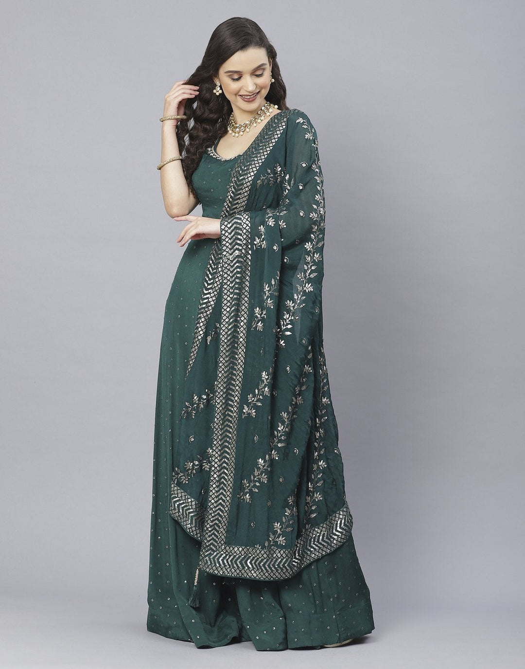 Wine and Bottle Green Art Crepe Salwar Kameez