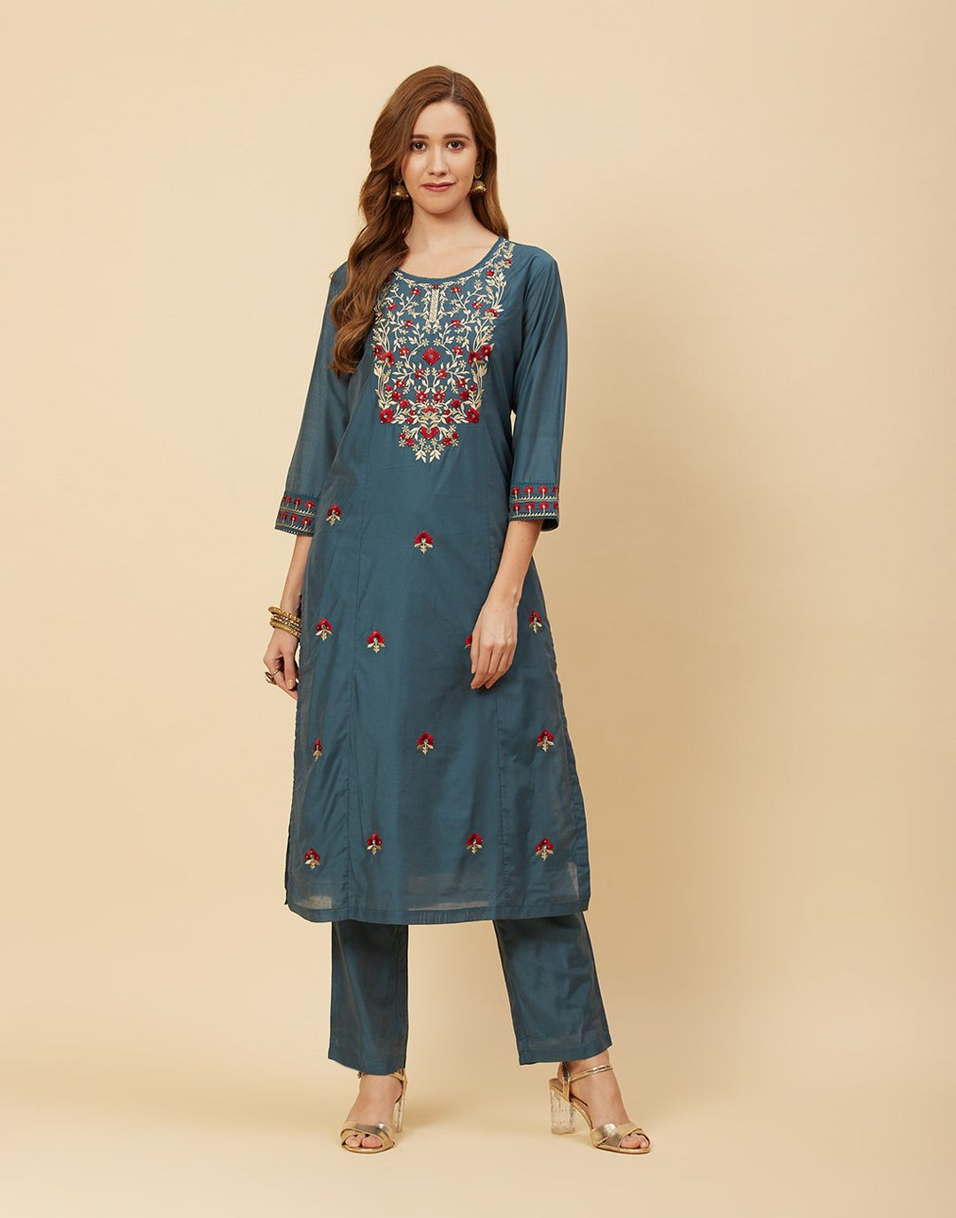 Embroidered Chanderi Kurti With Pant