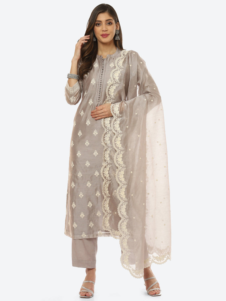 Resham Booti Cotton Kurta With Pant &amp; Dupatta