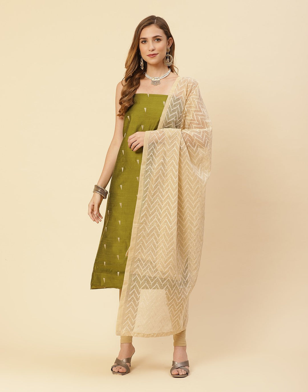 Embroidered Chanderi Suit Piece With Kota Dupatta