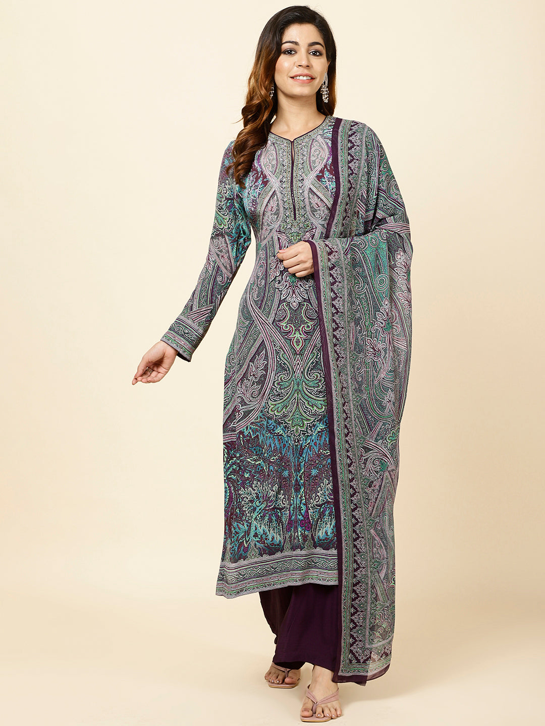 Digital Printed Crepe Kurta With Palazzo &amp; Dupatta