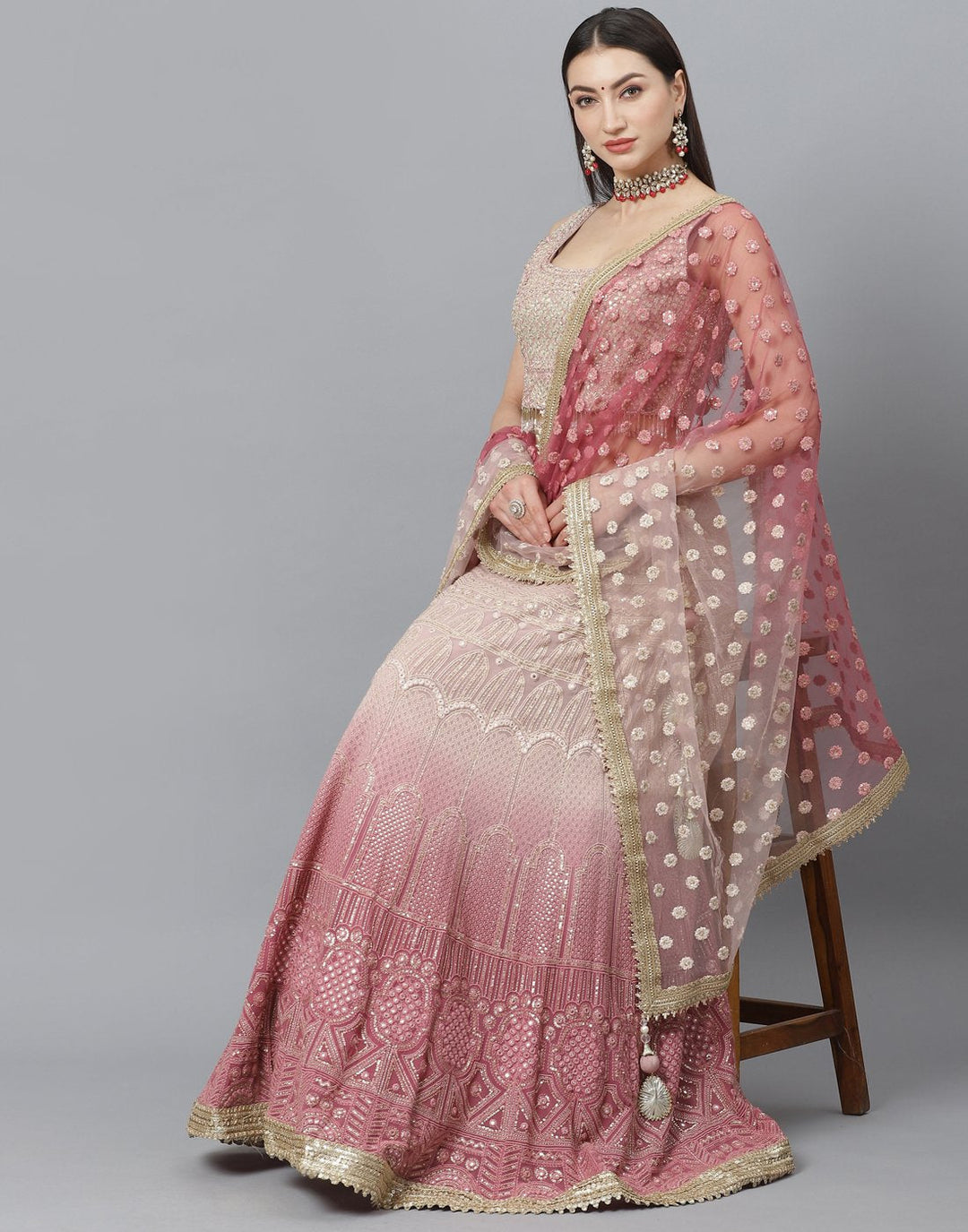 Georgette Lehenga Choli In Ombre Shaded With Traditional Embroidery