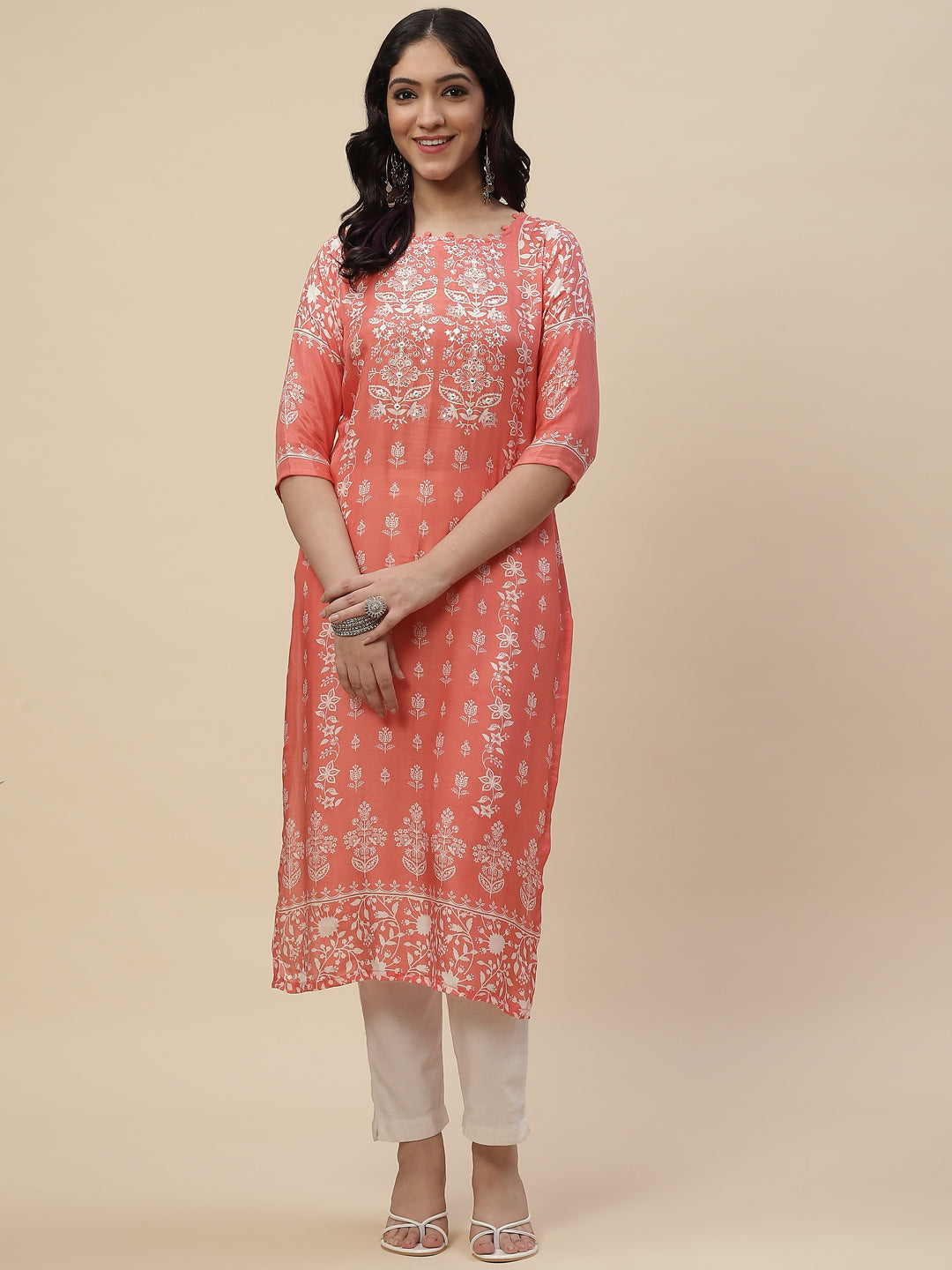 Neck Mirror Work  Printed Cotton Kurta