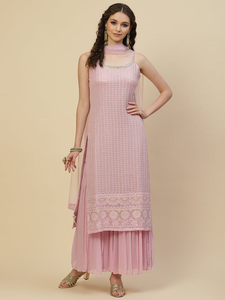 Resham Jaal Embroidered Georgette Kurta With Garara &amp; Dupatta