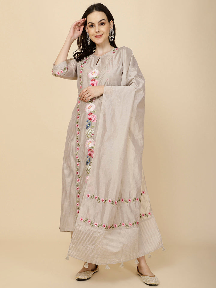 Resham &amp; Panel Embroidery Cotton Suit Set With Dupatta