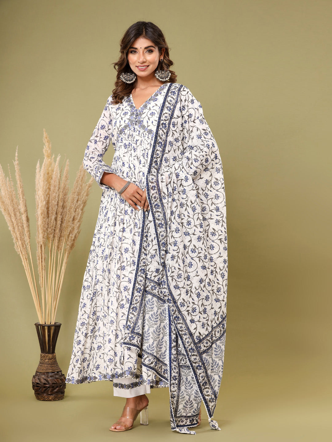 Printed Cotton Kurta With Pants &amp; Dupatta