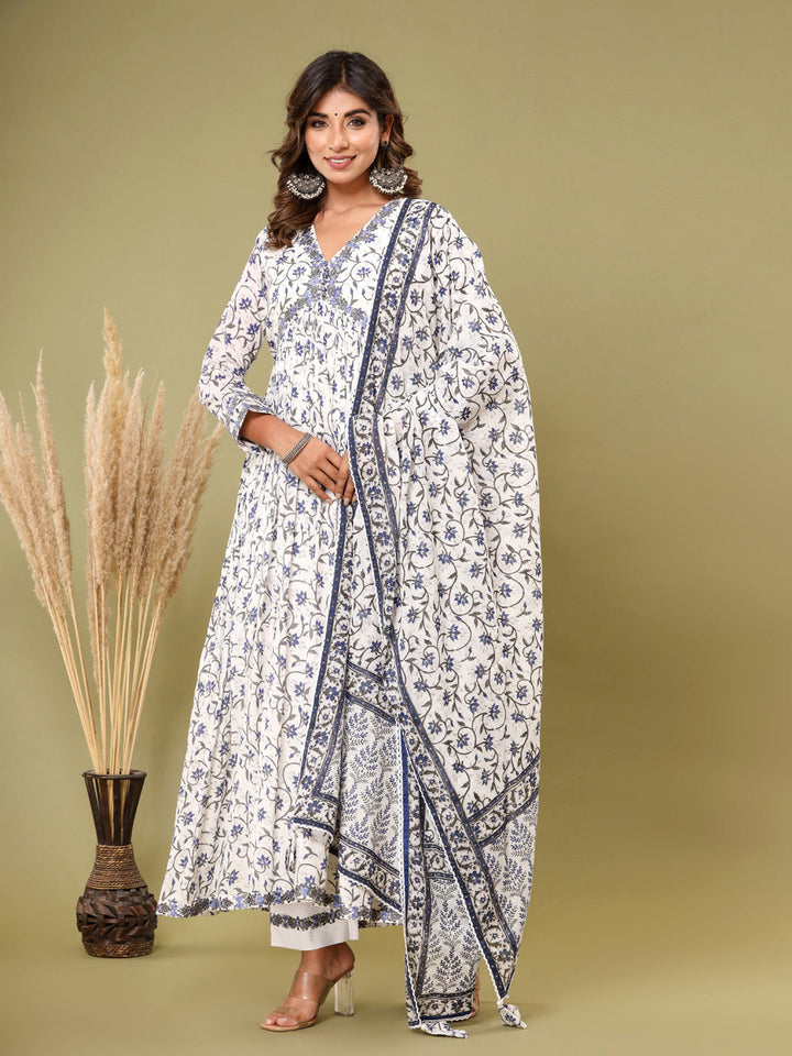 Printed Cotton Kurta With Pants &amp; Dupatta