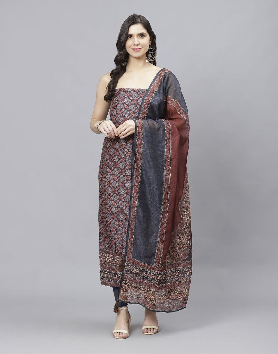 Printed Chanderi Suit Piece With Embroidered Chanderi Dupatta