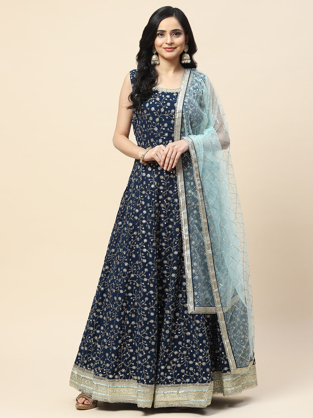 Sequin Embroidered Georgette Anarkali Kurta With Dupatta