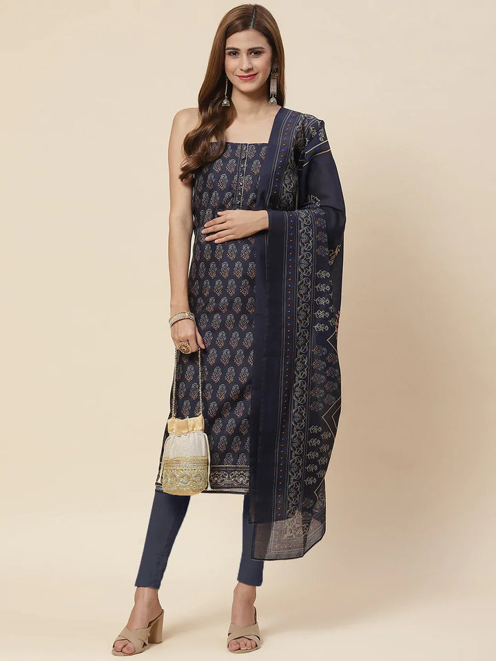 Indigo Printed Chanderi Unstitched Suit Piece With Dupatta