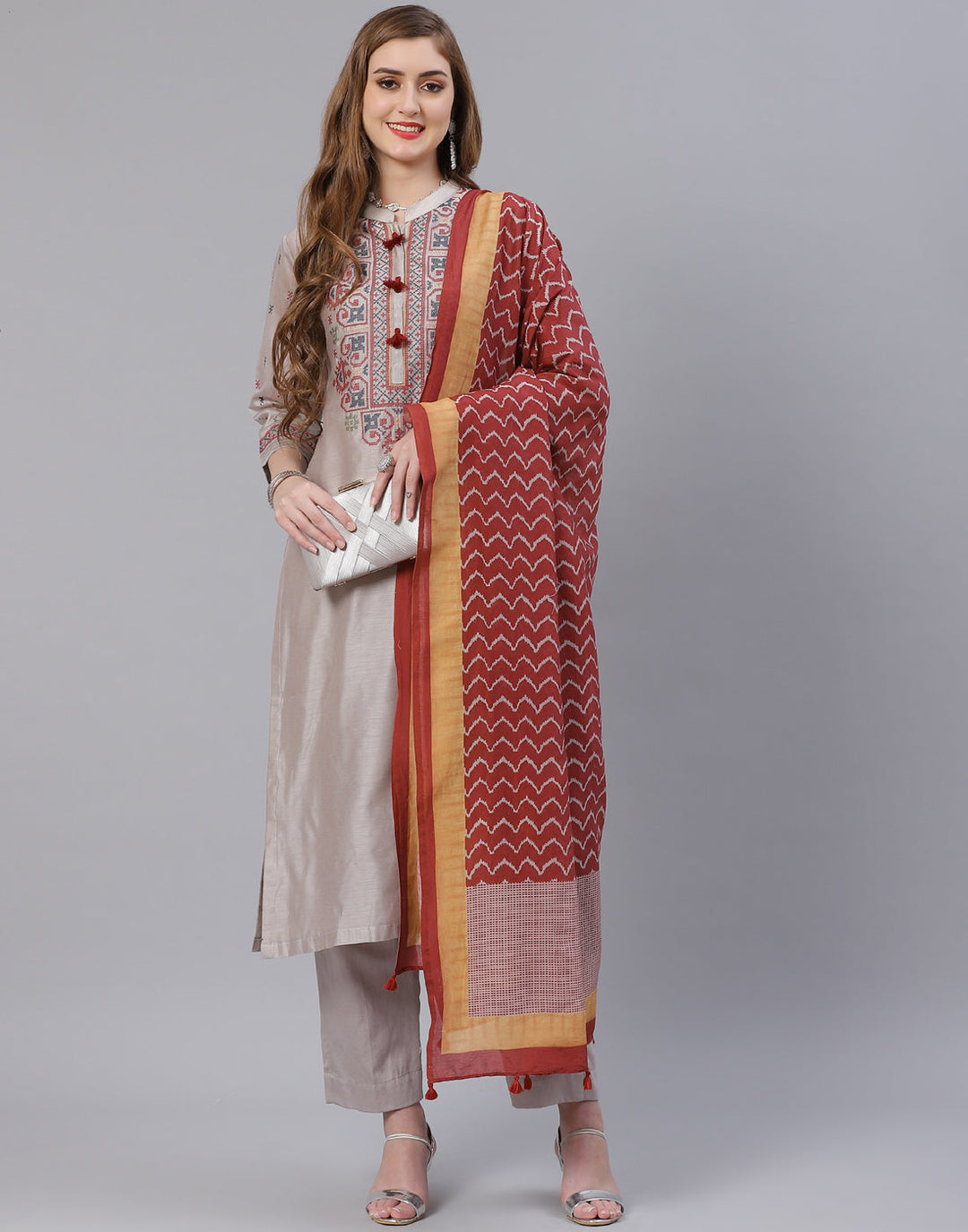 Embroidered Cotton Kurta With Pant &amp; Chanderi Dupatta
