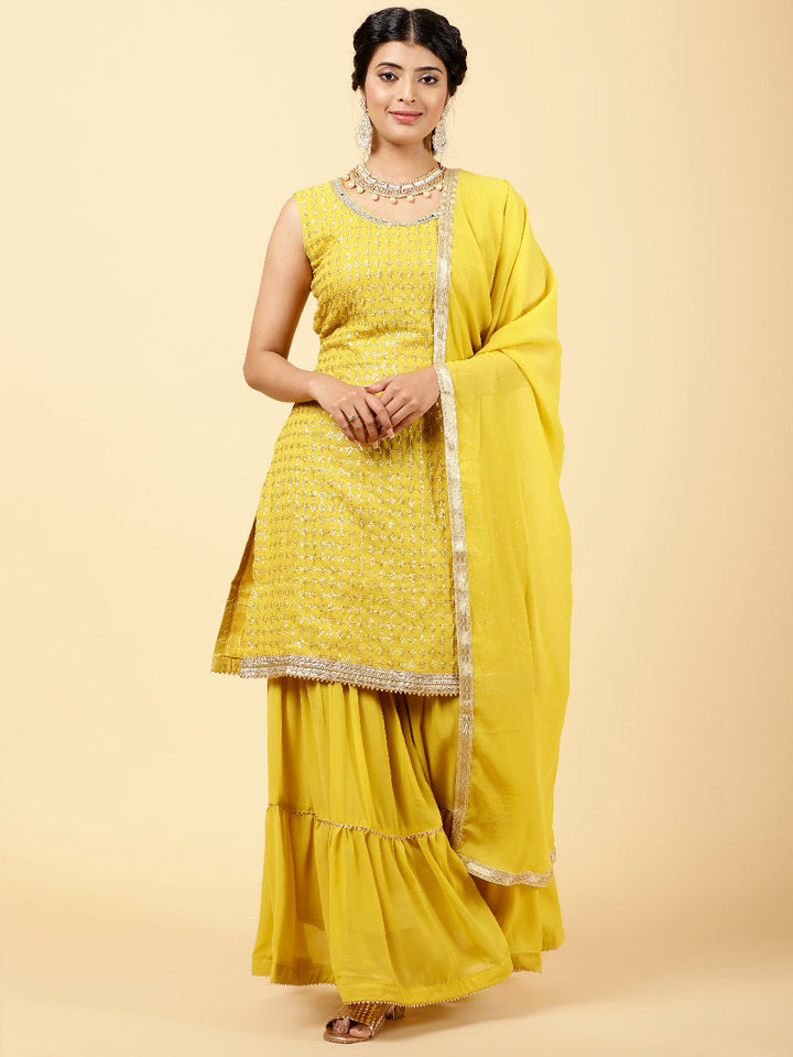 Sequin Embroidered Georgette Kurta With Garara &amp; Dupatta