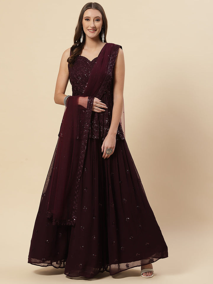 Sequin Embroidered Georgette Choli With Lehenga &amp; Net Dupatta