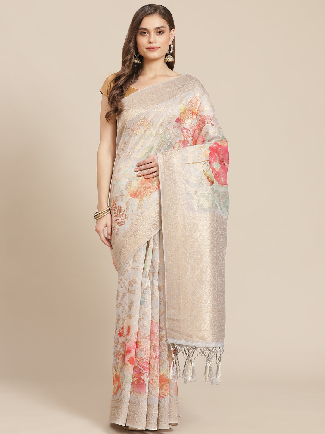 Digital Floral Printed Banarasi Pallu Cotton Chanderi Saree