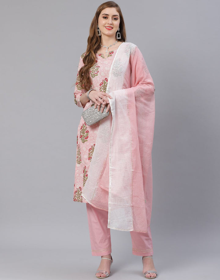 Dusty Green and Pink Cotton Salwar Kameez Stitched Suit