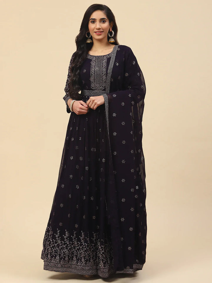 Resham Embroidered Georgette Kurta With Churidar &amp; Dupatta