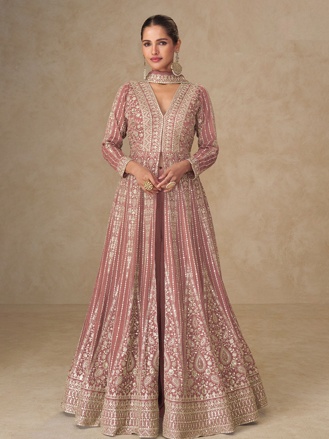 Embroidered Chinnon Silk A Line Dress With Skirt