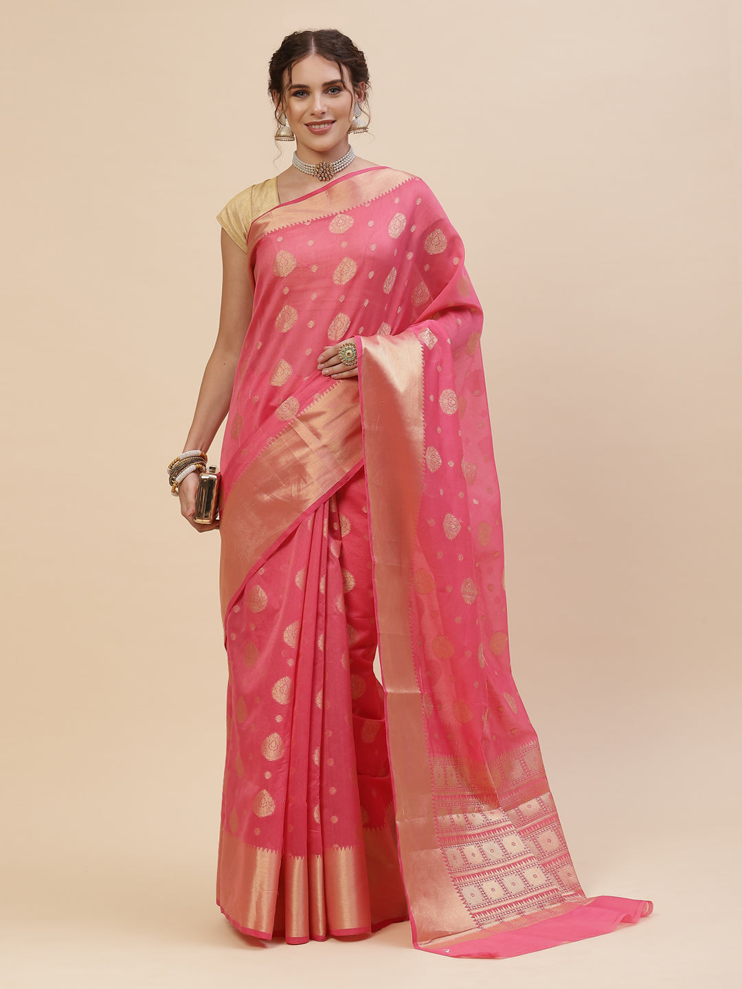 Zari Border Booti Cotton Woven Saree